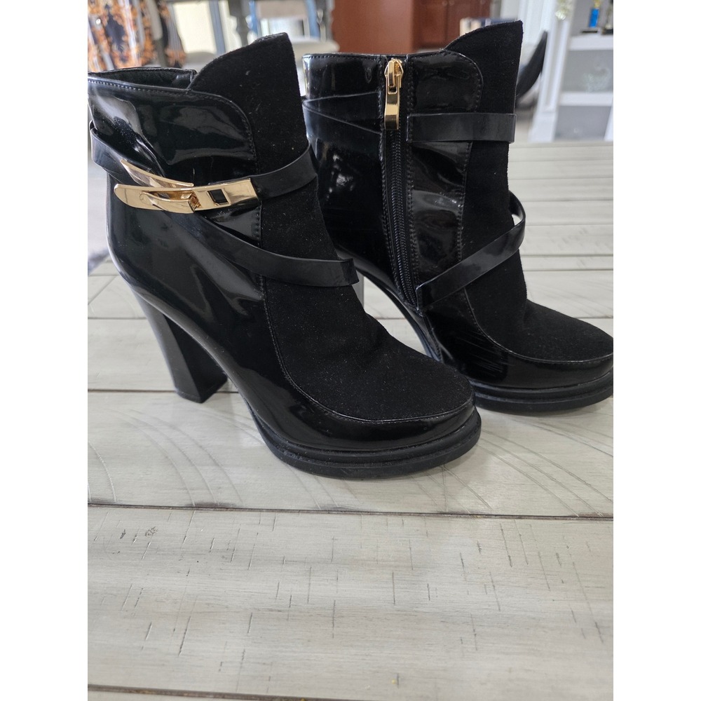 Black Patent Faux Suede Platform Ankle Boots Gold Buckle Block Heel Womens 6.5